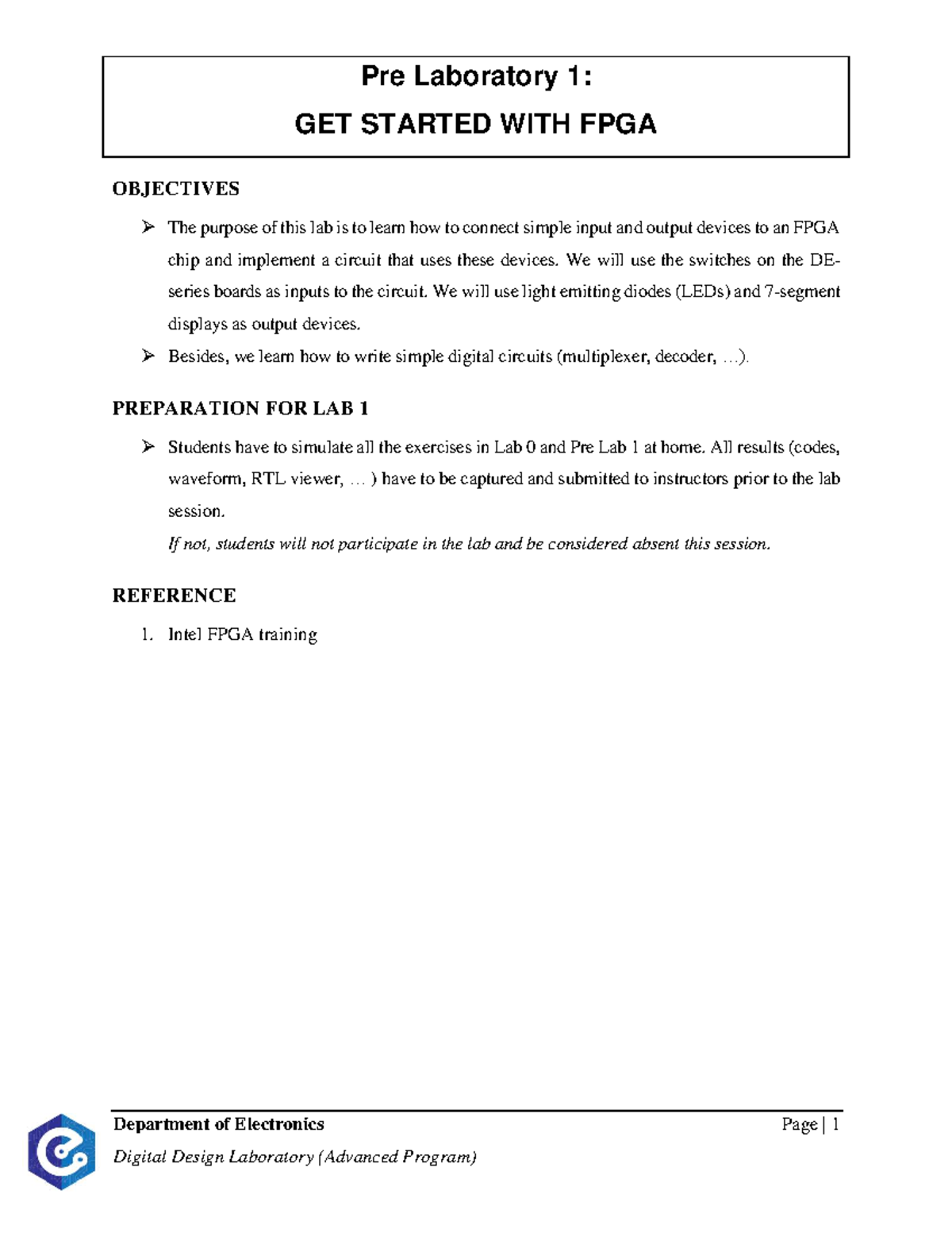 Pre-Lab 1: FPGA Basics and Circuit Implementation Guide - Studocu