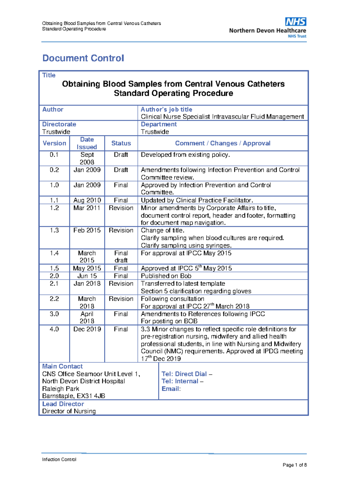 SOP: Blood Sample Collection from CVC - Infection Control Protocol ...