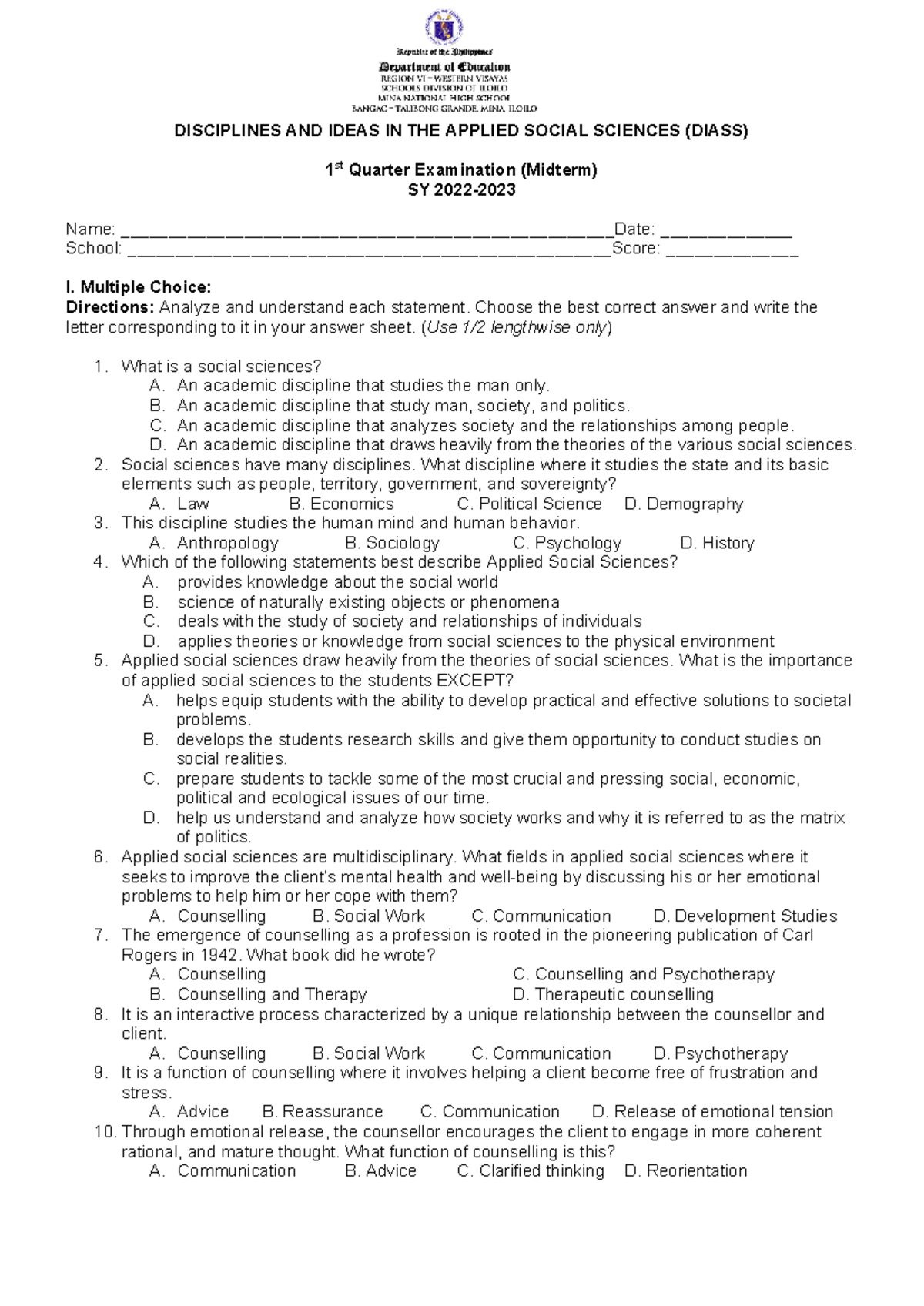 DIASS 1st Quarter Midterm Exam Review: Applied Social Sciences - Studocu