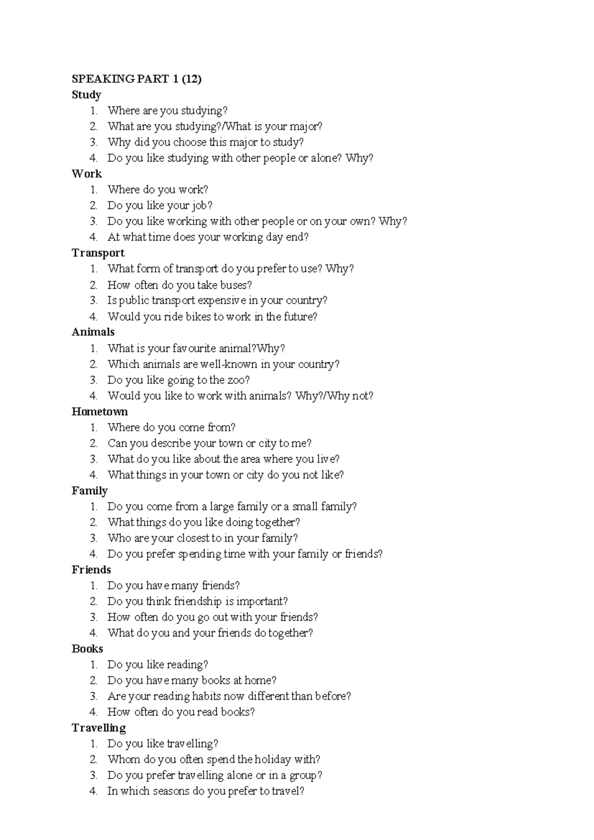 SPEAKING PART 1 (12) - Key Topics for Discussion - Studocu