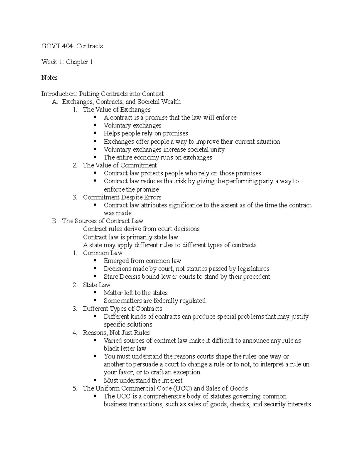 Chapter 1 Notes - GOVT 404: Contracts Week 1: Chapter 1 Notes ...