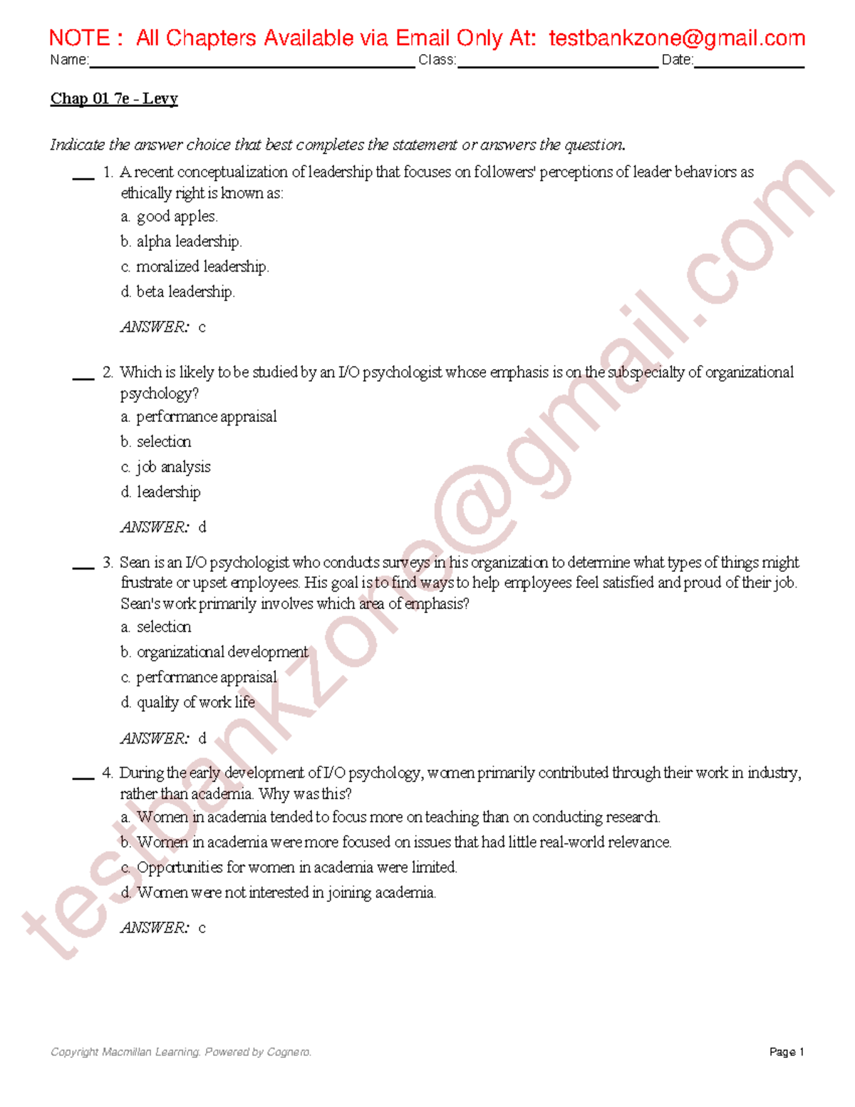 Test Bank & Solutions Manual for I/O Psychology (7th Ed) - Levy - Studocu