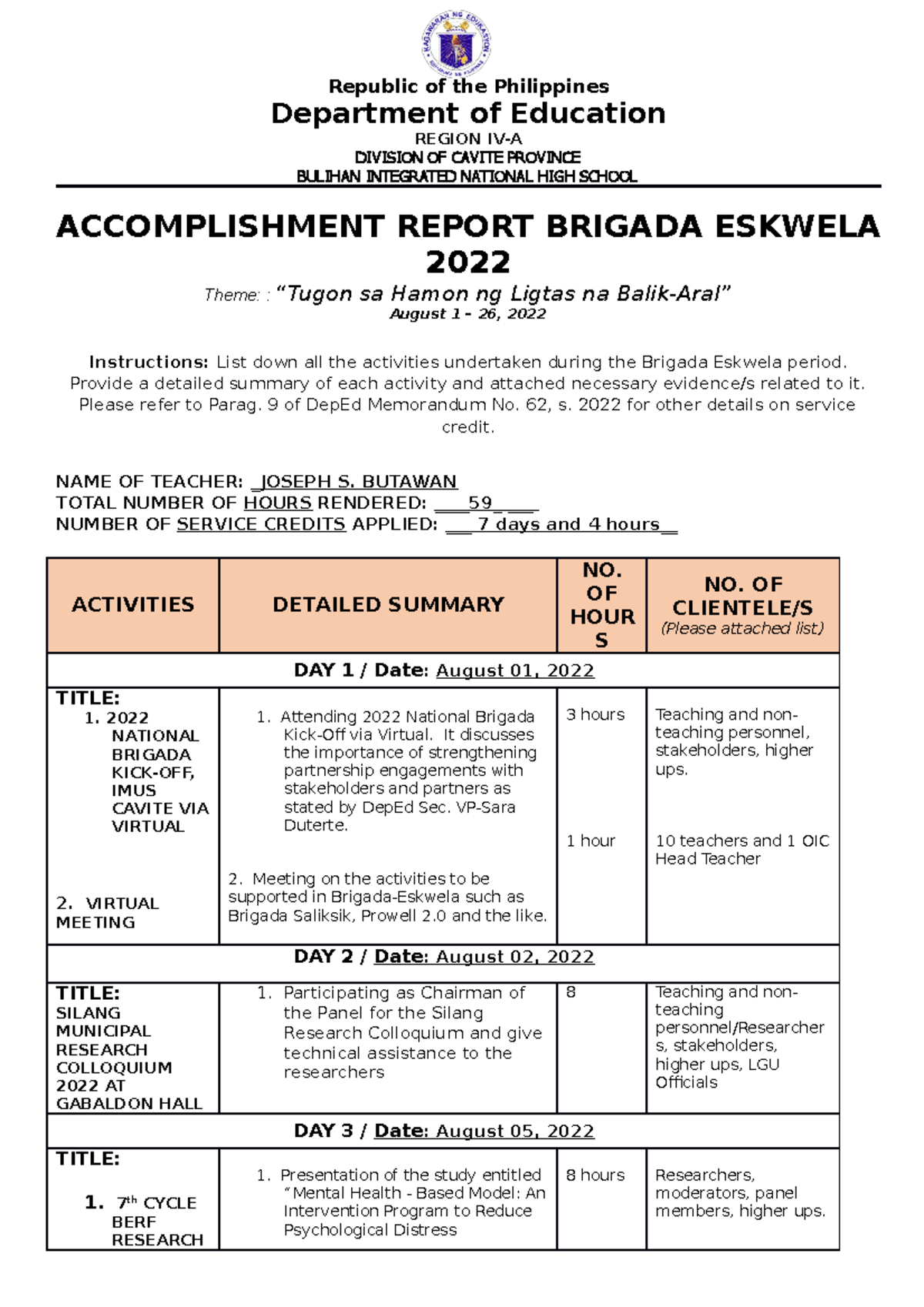 Accomplishment Report: Brigada Eskwela 2022 Activities Overview - Studocu
