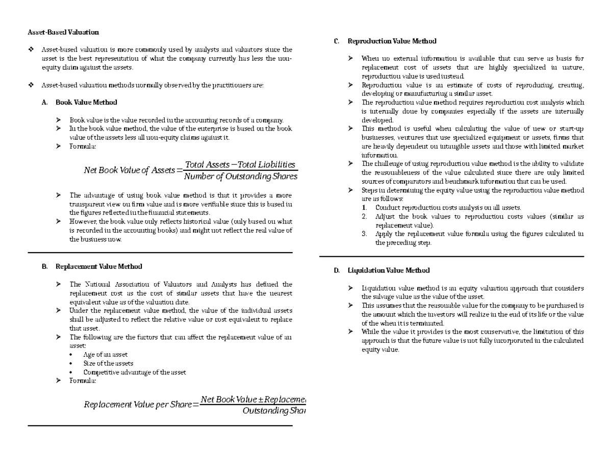 ABV - Valuation Methods: Reproduction, Book, and Liquidation Value ...
