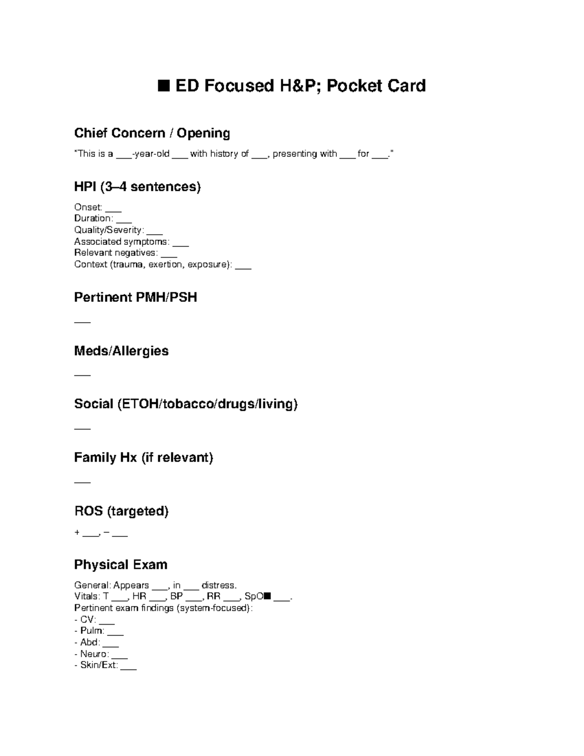 ED Focused Hn P Pocket Card - n ED Focused H& Pocket Card Chief Concern ...