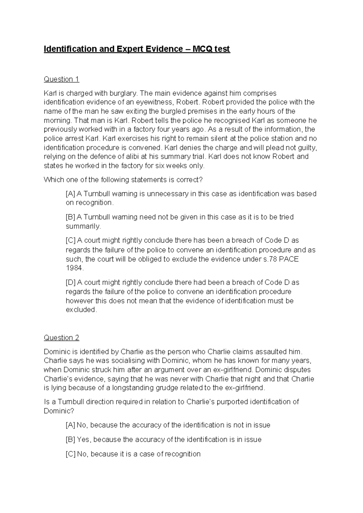 Visual Identification MCQ Test: Key Issues in Eyewitness Evidence - Studocu