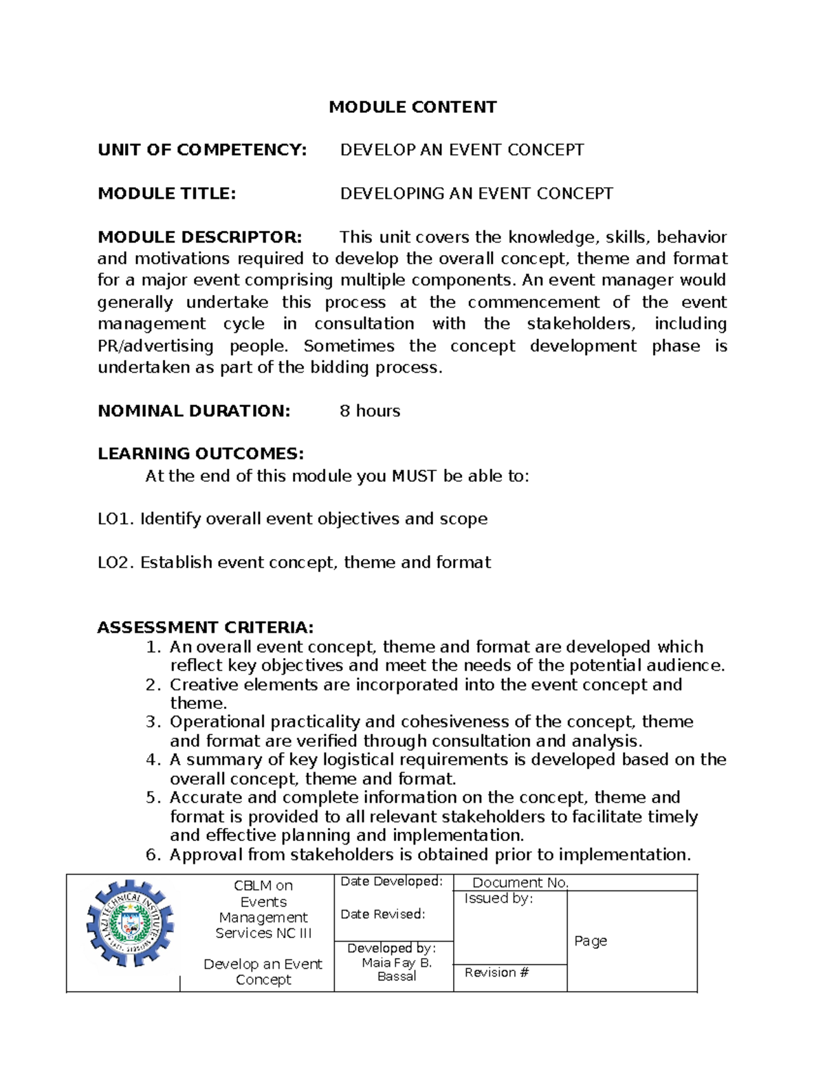553932835 Developing an Event Concept - CBLM Events Mgmt NC III - Studocu