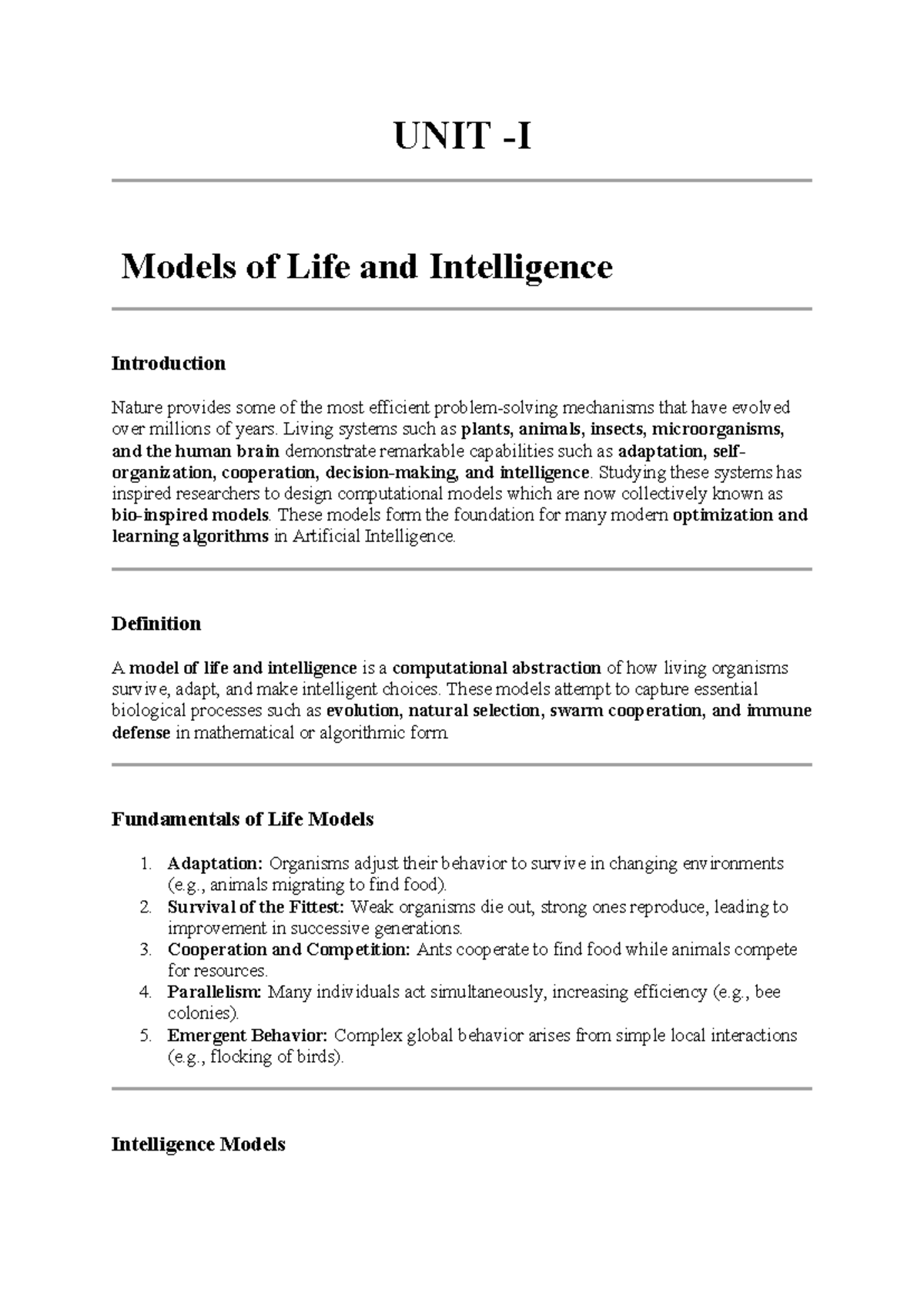 NIC Unit I: Models of Life and Intelligence in Computing - Studocu