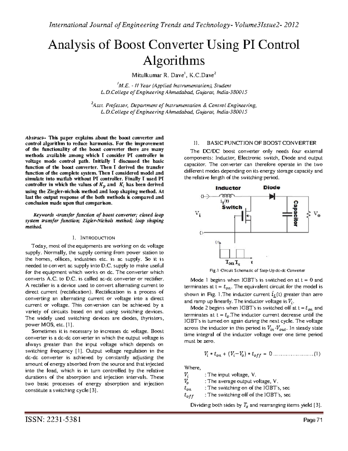 Analysis of Boost Converter Using PI Control Algorithms (ENG 2012 ...
