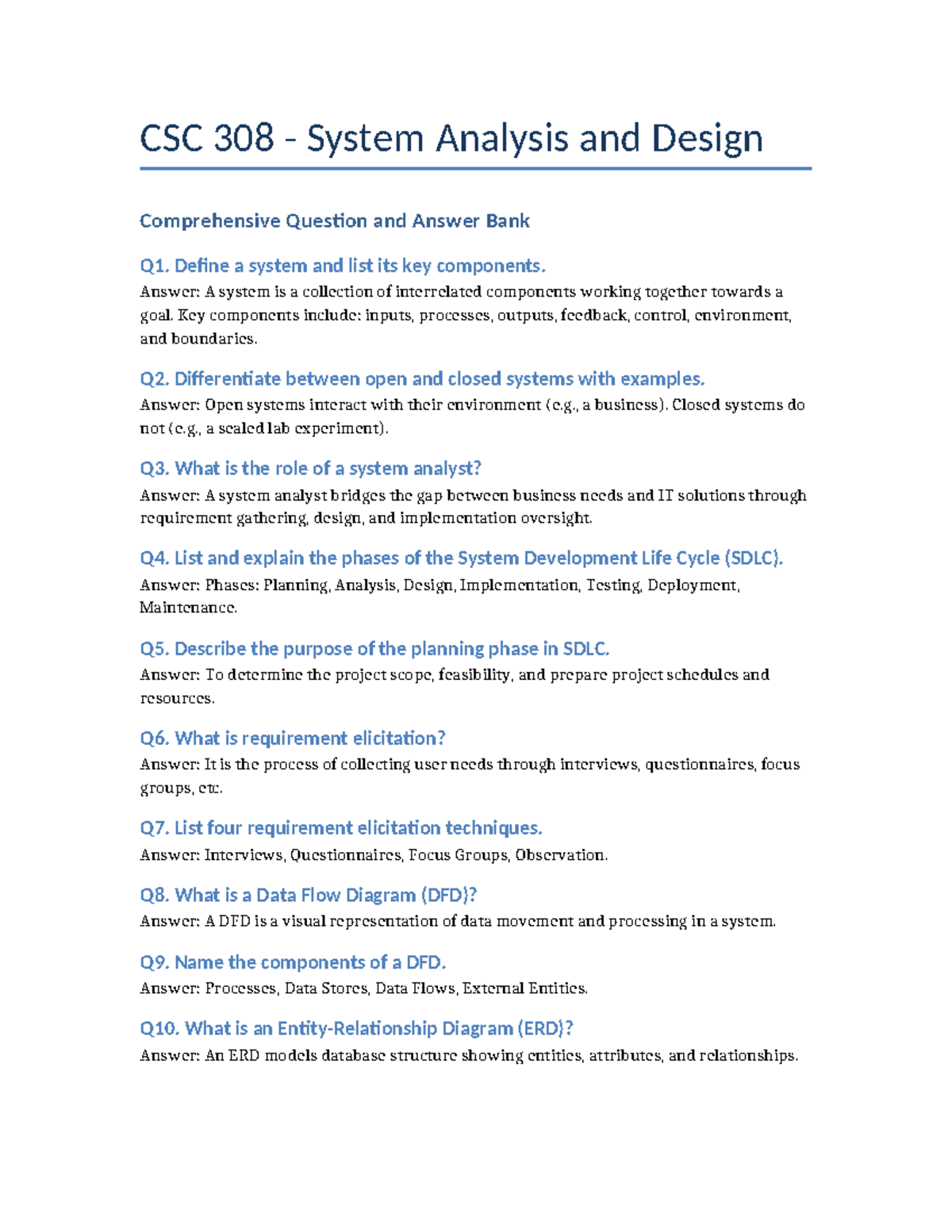 CSC214 50Plus Questions And Answers - CSC 308 - System Analysis and ...
