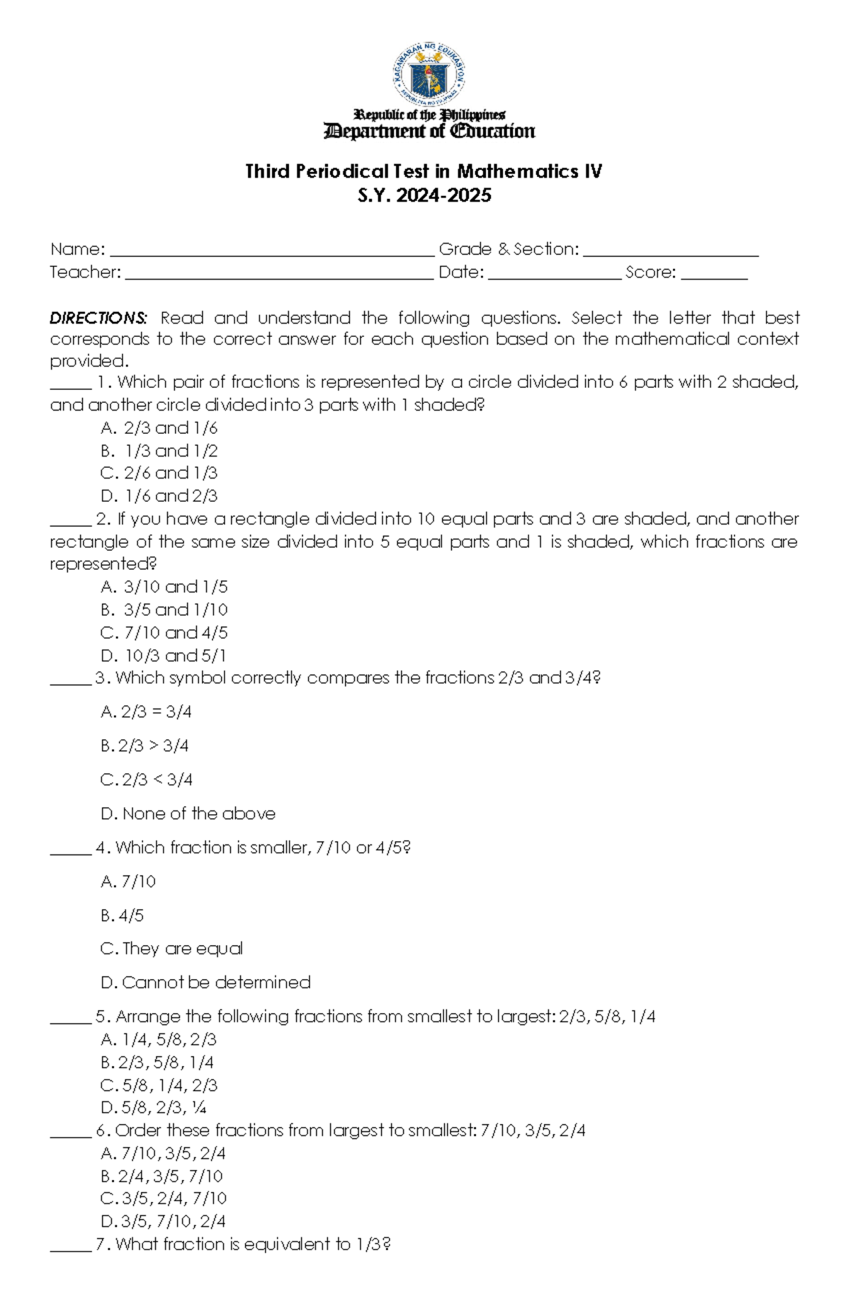 Third Periodical TEST IN MATH 4 SY 24 25 - Third Periodical Test in ...