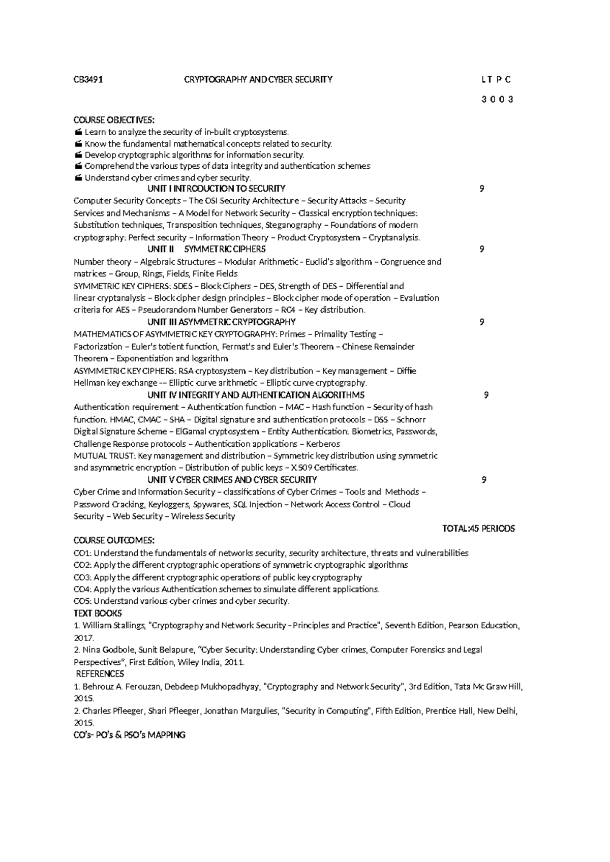 CB3491 Cryptography and Cyber Security Syllabus Overview - Studocu