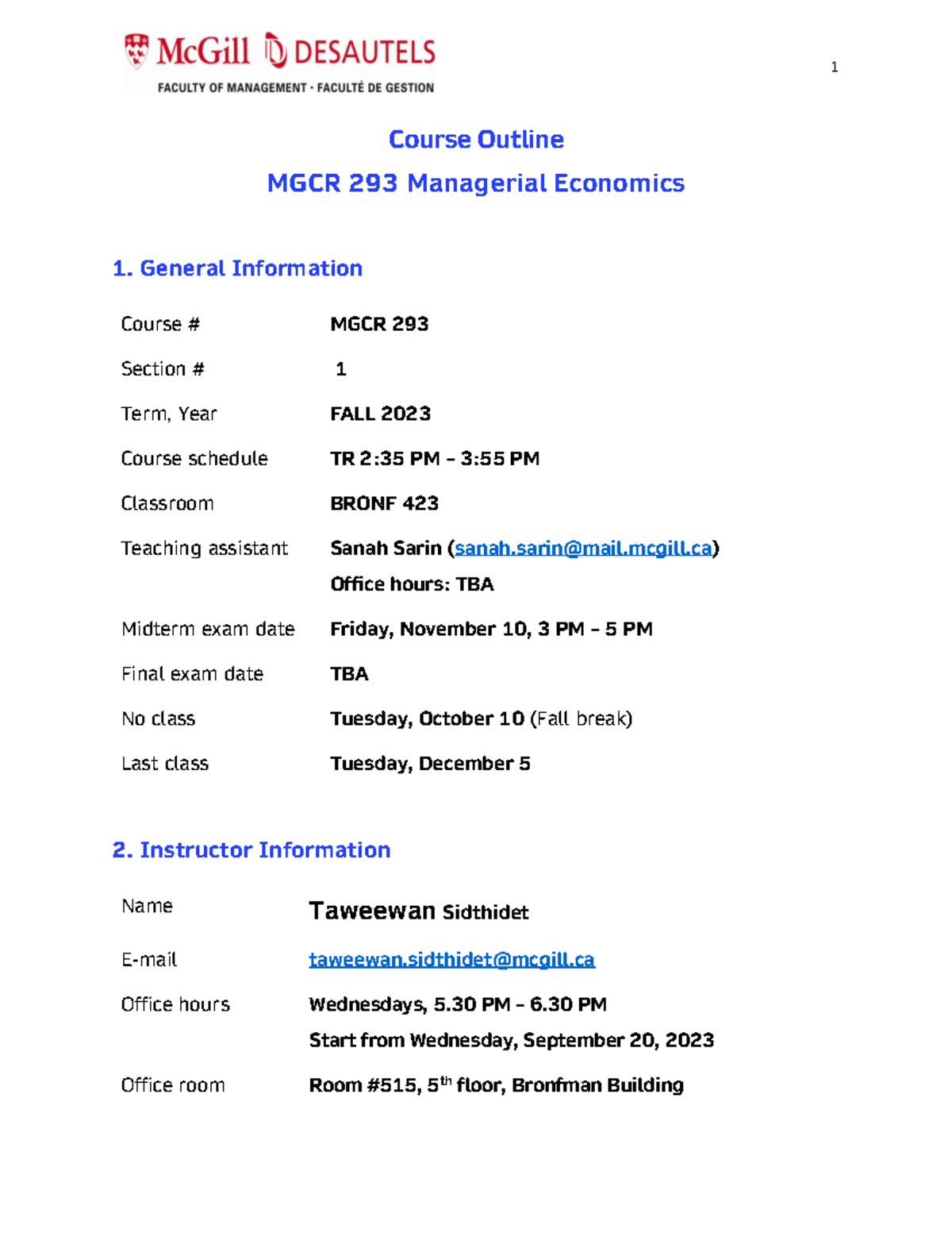 MGCR 293 Fall 2023 Course Outline & Evaluation for Managerial Economics ...