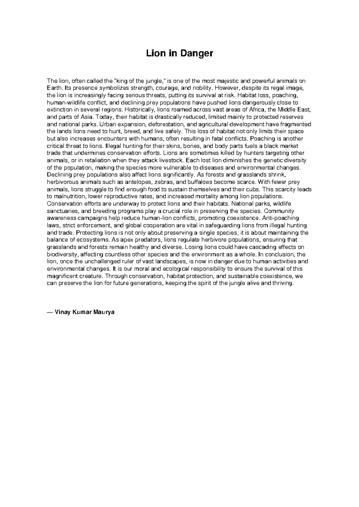 Lion in Danger: Conservation Challenges and Efforts Essay - Studocu