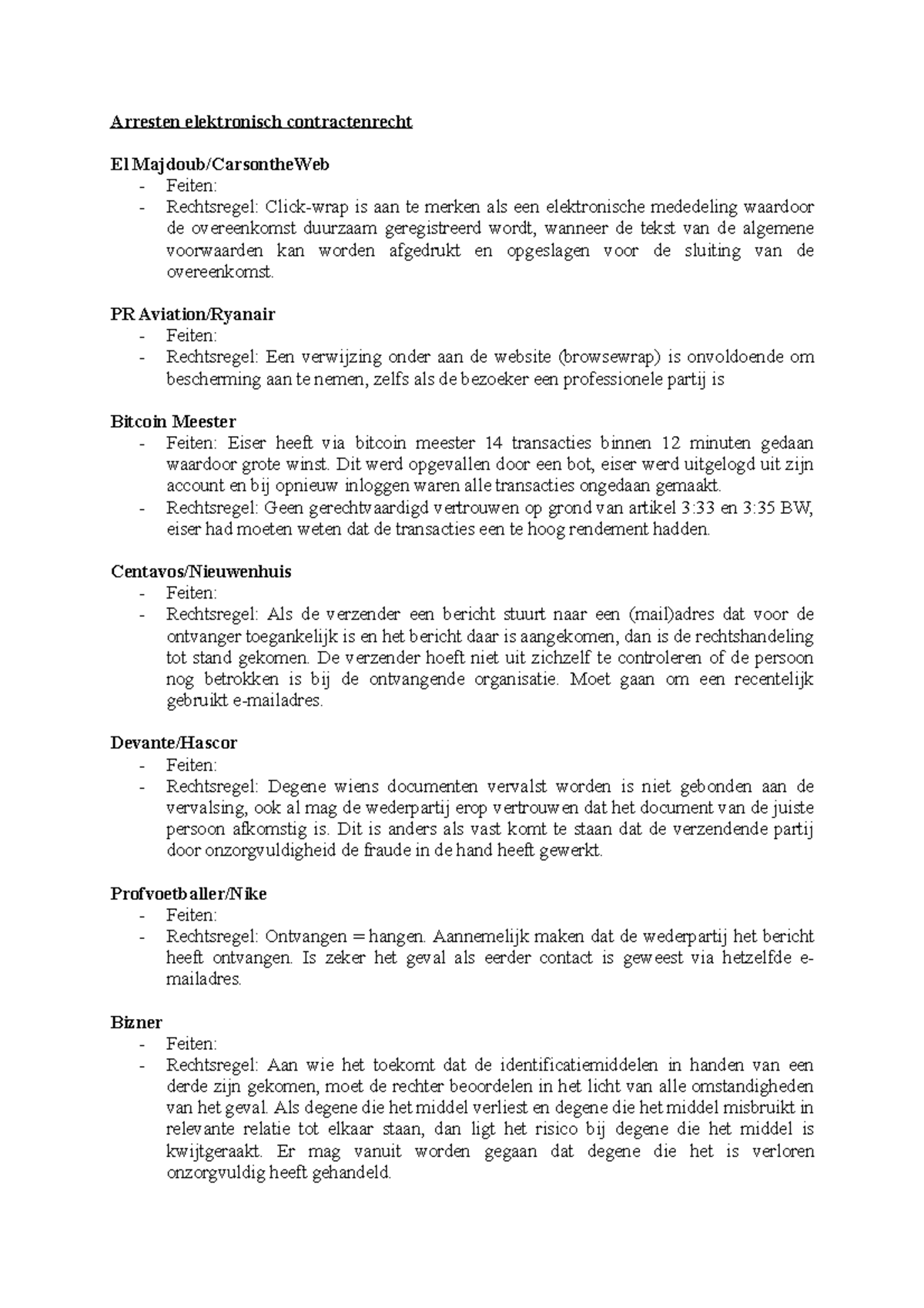 Arresten Elektronisch Contractenrecht en Rechtsregels (ECN-101) -  Studeersnel