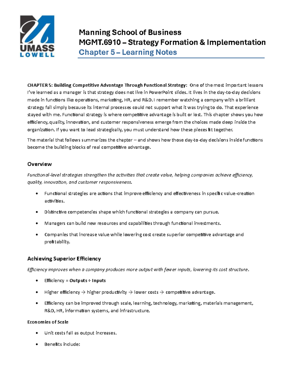 Manning School of Business MGMT.6910 Chapter 5 Learning Notes: Building ...