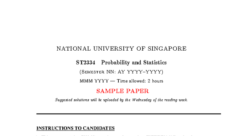 ST2334 Probability and Statistics Sample Exam Solutions - Studocu