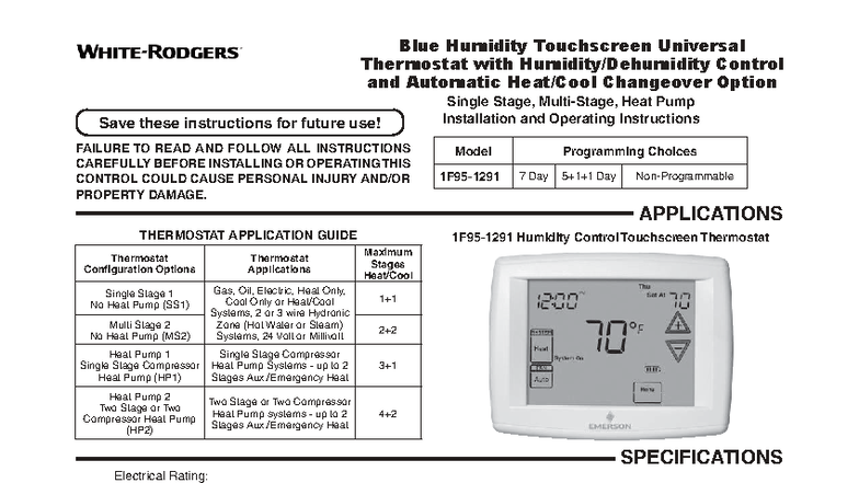 Blue Humidity Touchscreen Thermostat Installation Guide (Model 1291 ...