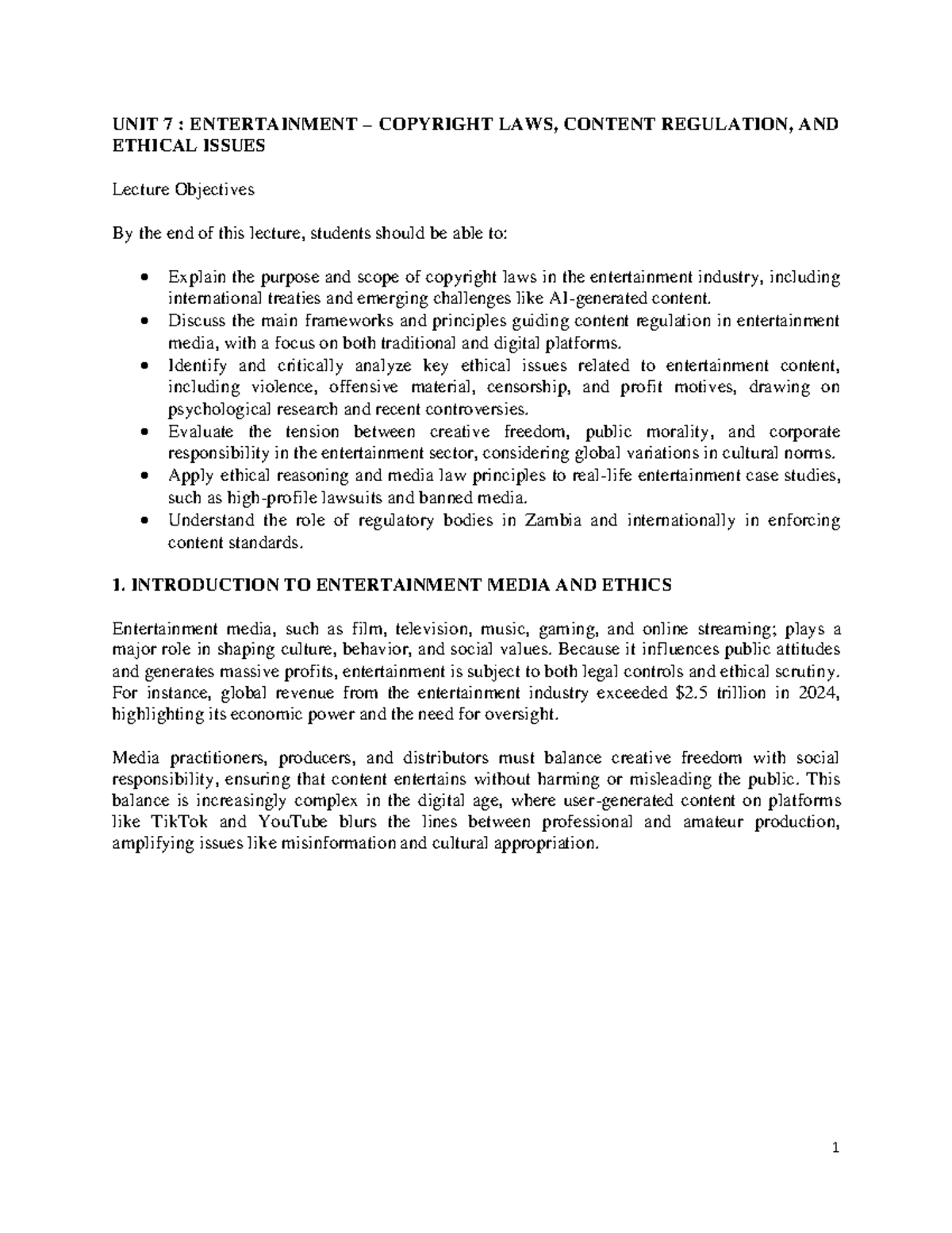 UNIT 7: Entertainment Copyright Laws & Ethical Issues Lecture Notes ...