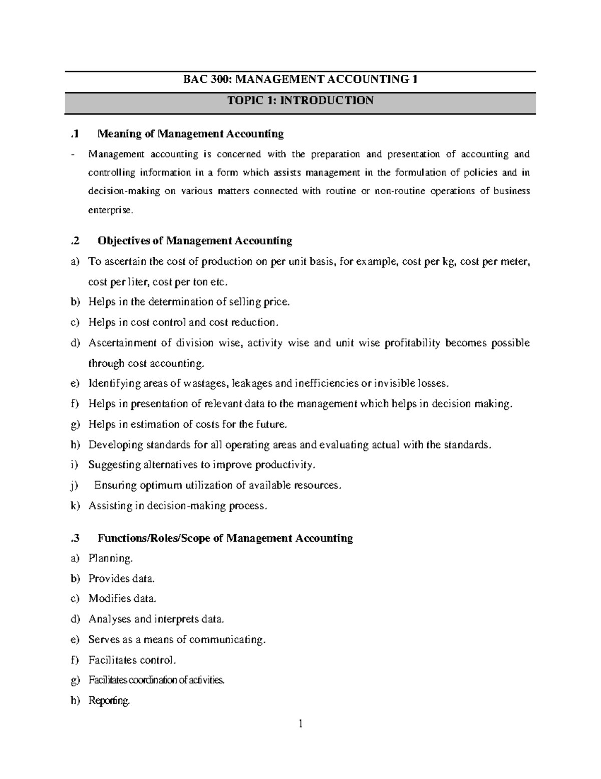 BAC 300: Management Accounting - Comprehensive Study Notes - Document Preview