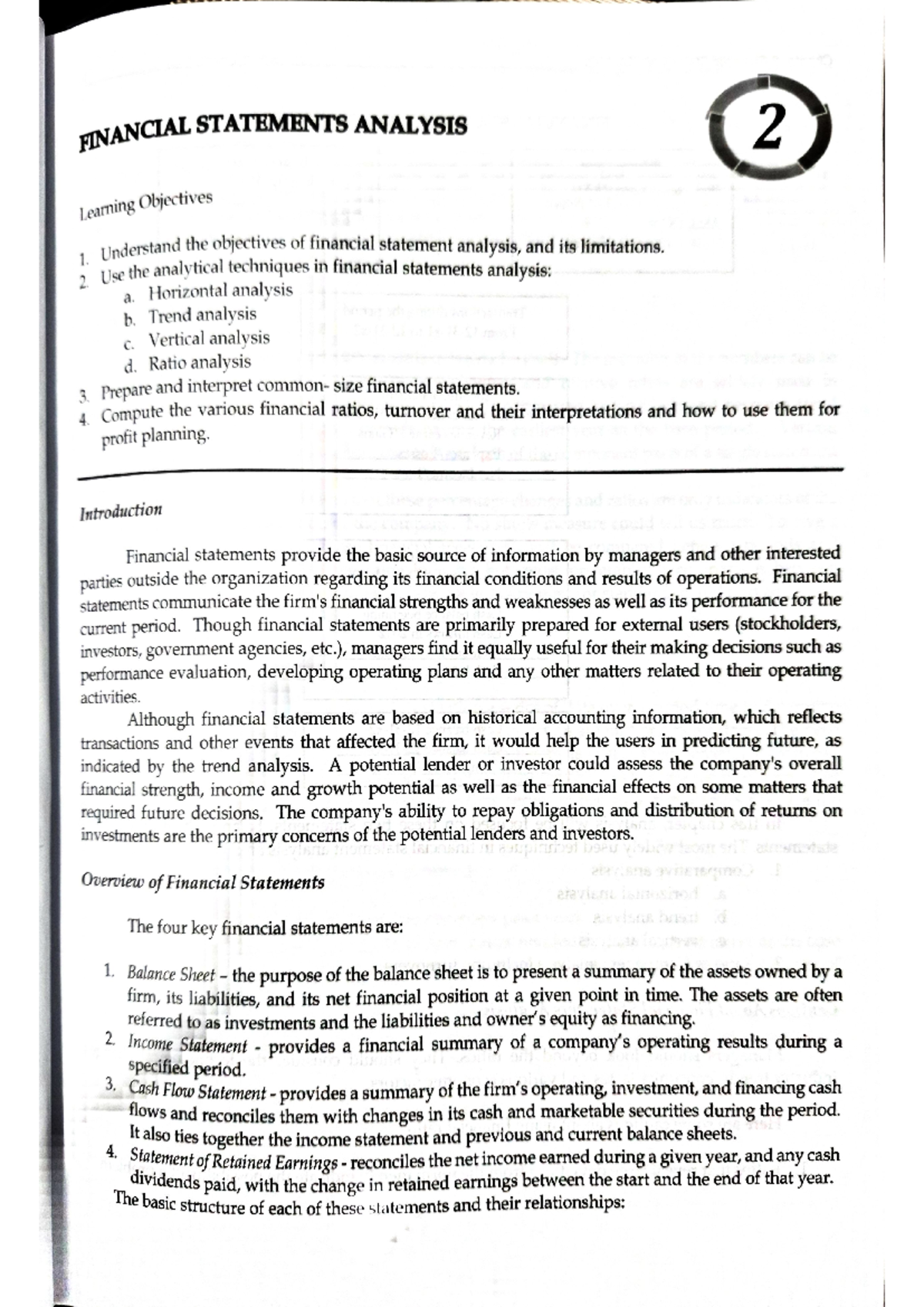 Chapter 2 notes - FINANCIAL STATEMENTS ANALYSIS 2 Learning Objectives 1 ...