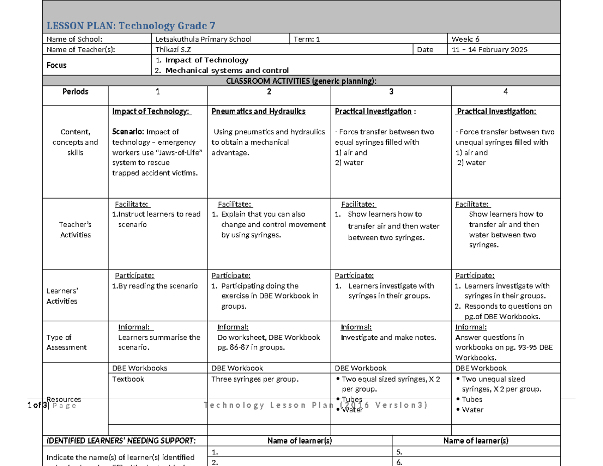 Technology Lesson Plan: Grade 7 Term 1 Week 6 Activities - Studocu