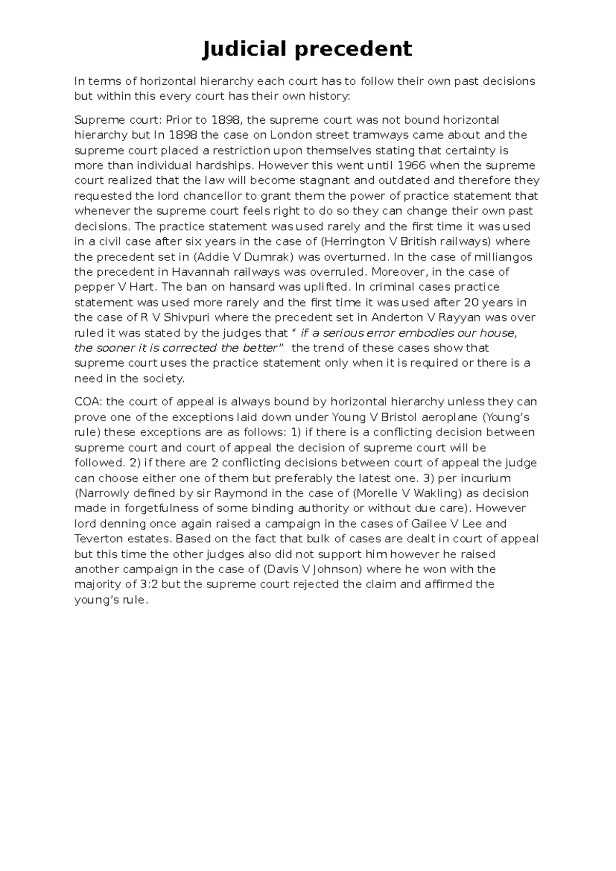 Judicial Precedent: Notes on Horizontal Hierarchy and Key Cases - Studocu