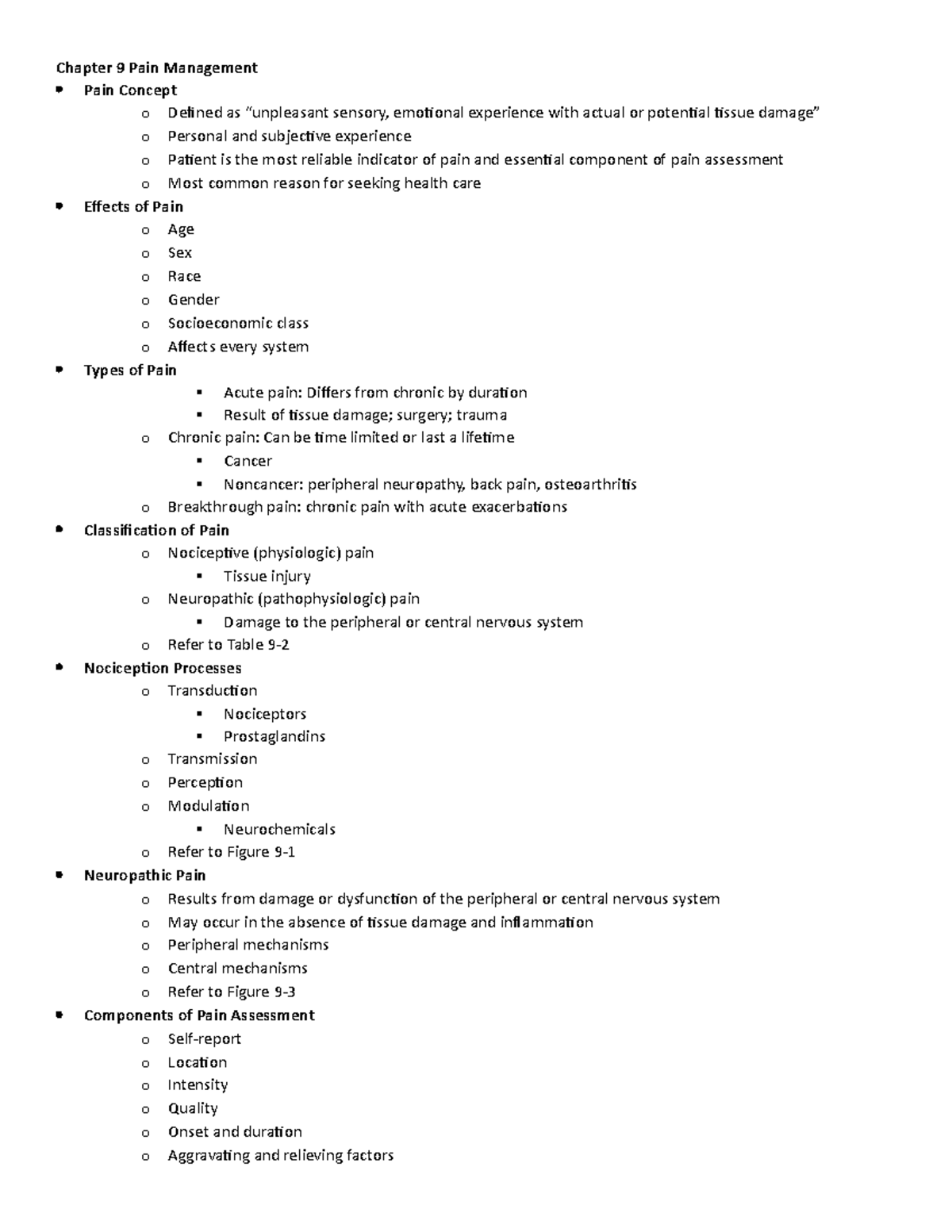 MS Ch 9 Pain Management - Comprehensive Chapter Outline Notes - Studocu