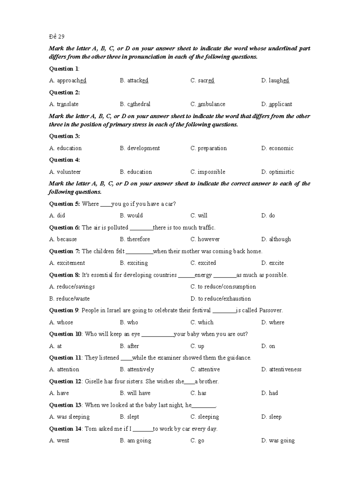 Đề 29 - Practice Questions on Pronunciation and Stress - Studocu