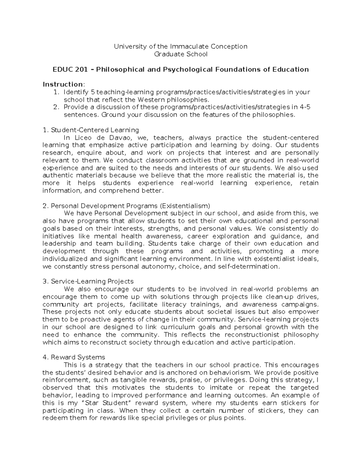 EDUC 201 - Assessment Task: Teaching Strategies & Philosophies - Studocu