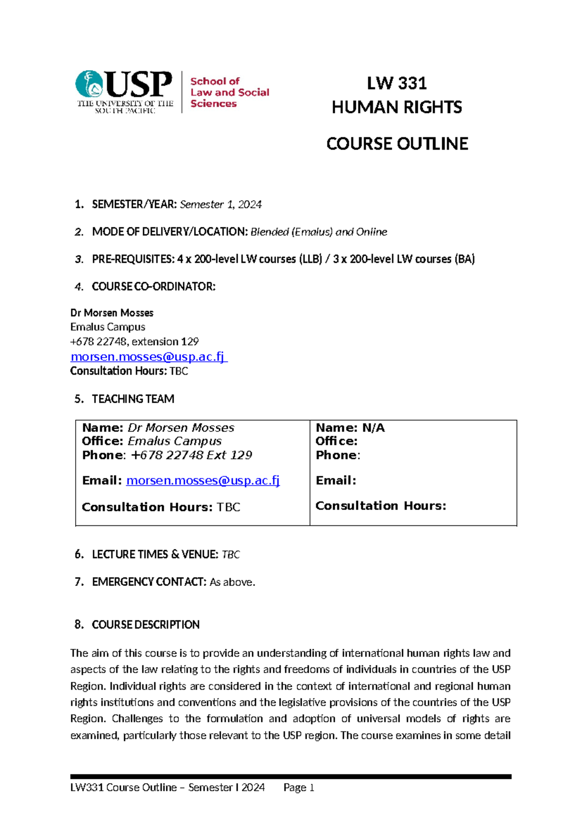 LW331 Human Rights Course Outline - Semester 1, 2024 - Studocu