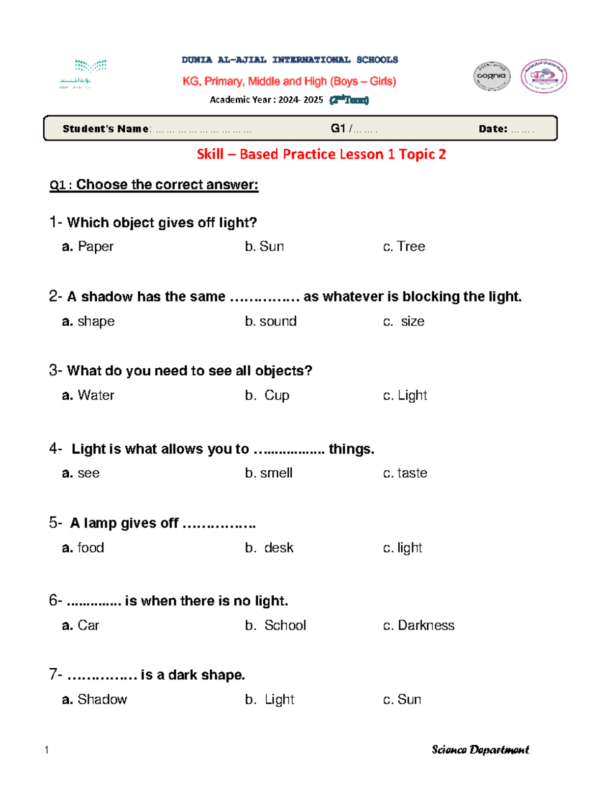 G1 - Skill-Based Practice Lesson 1 Revision for Academic Year 2024-2025 ...