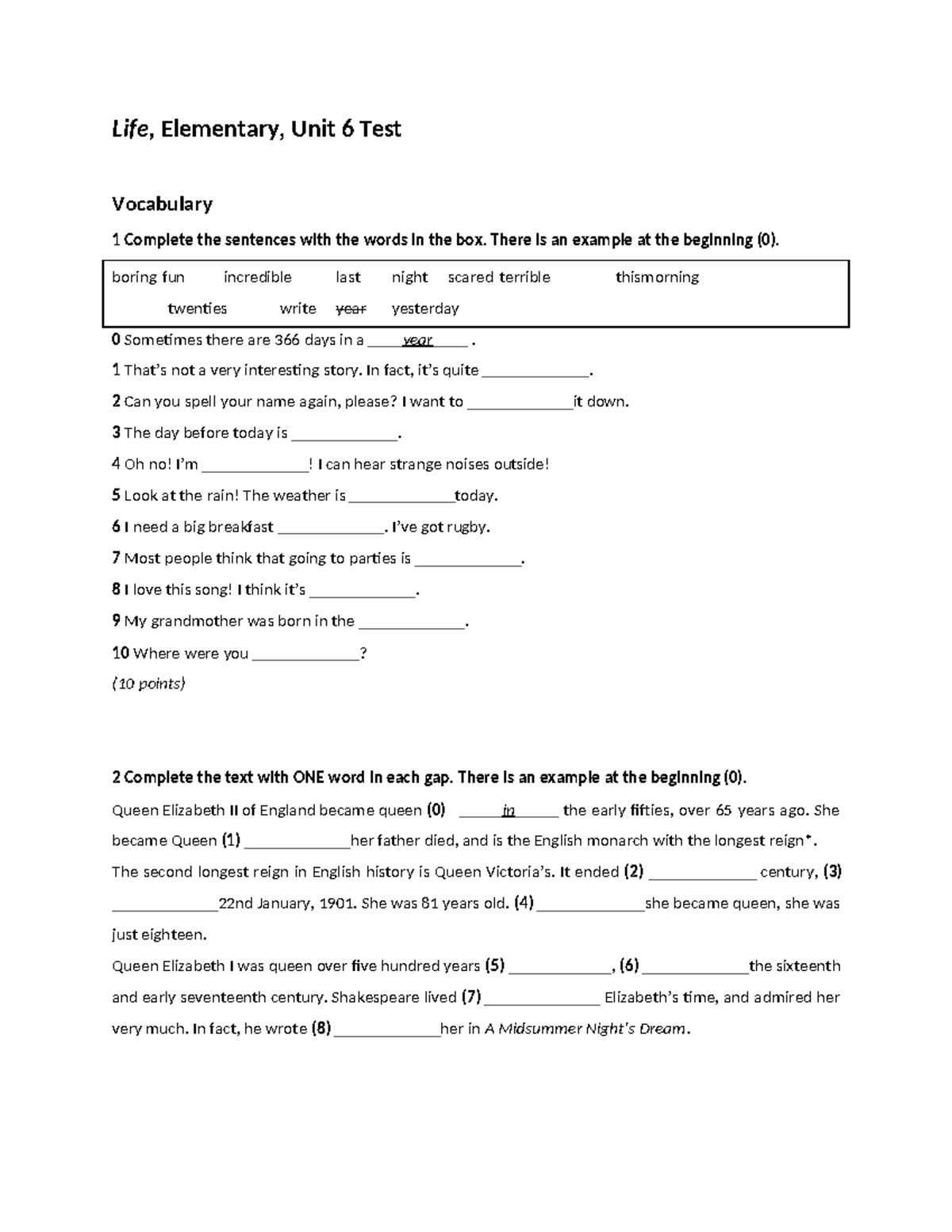 Life 2e Elementary Unit 6 Test Review and Sample Answers - Studocu