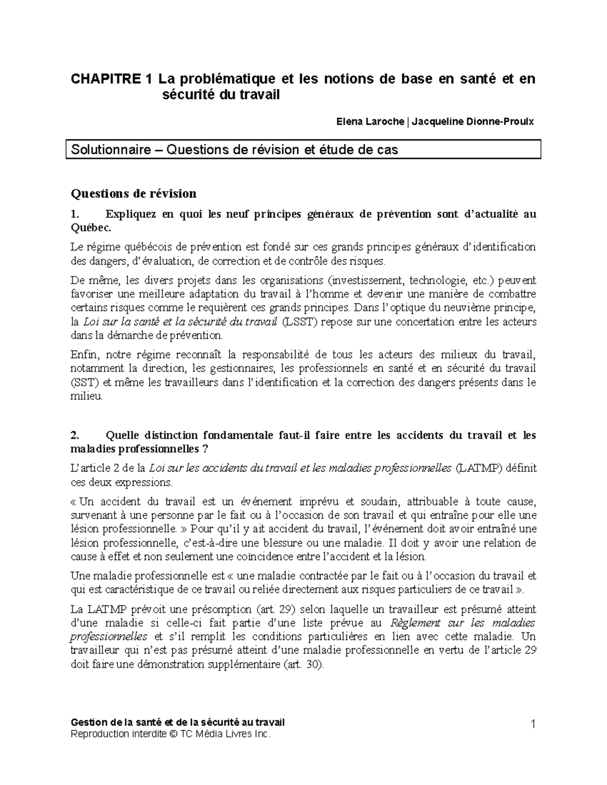 Solutionnaire chapitre 1 du livre gestion de la santé et de la sécurité ...