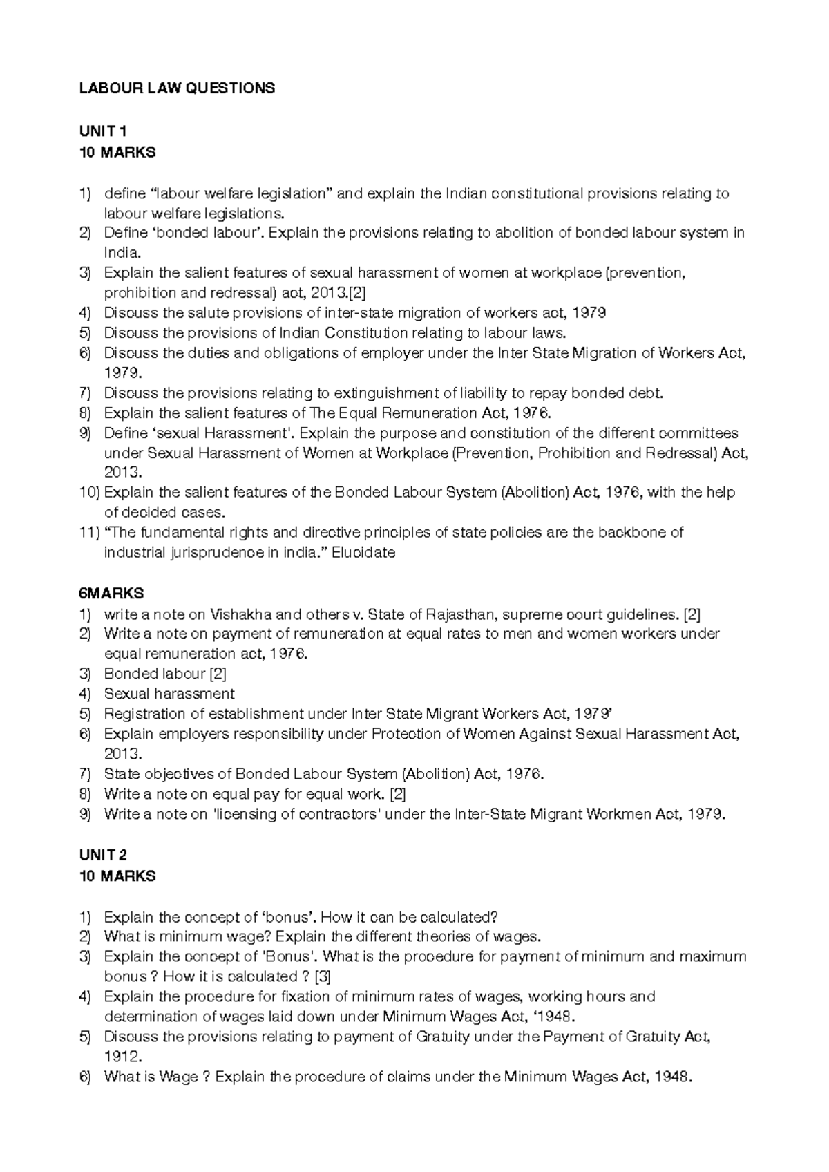 Labour Law Questions - Unit-wise Analysis and Key Provisions (10 Marks ...
