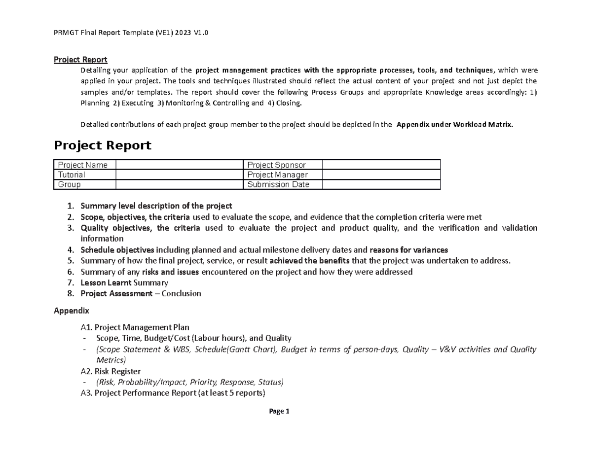 PRMGT Final Report Template (VE1) - Project Management Practices Guide ...