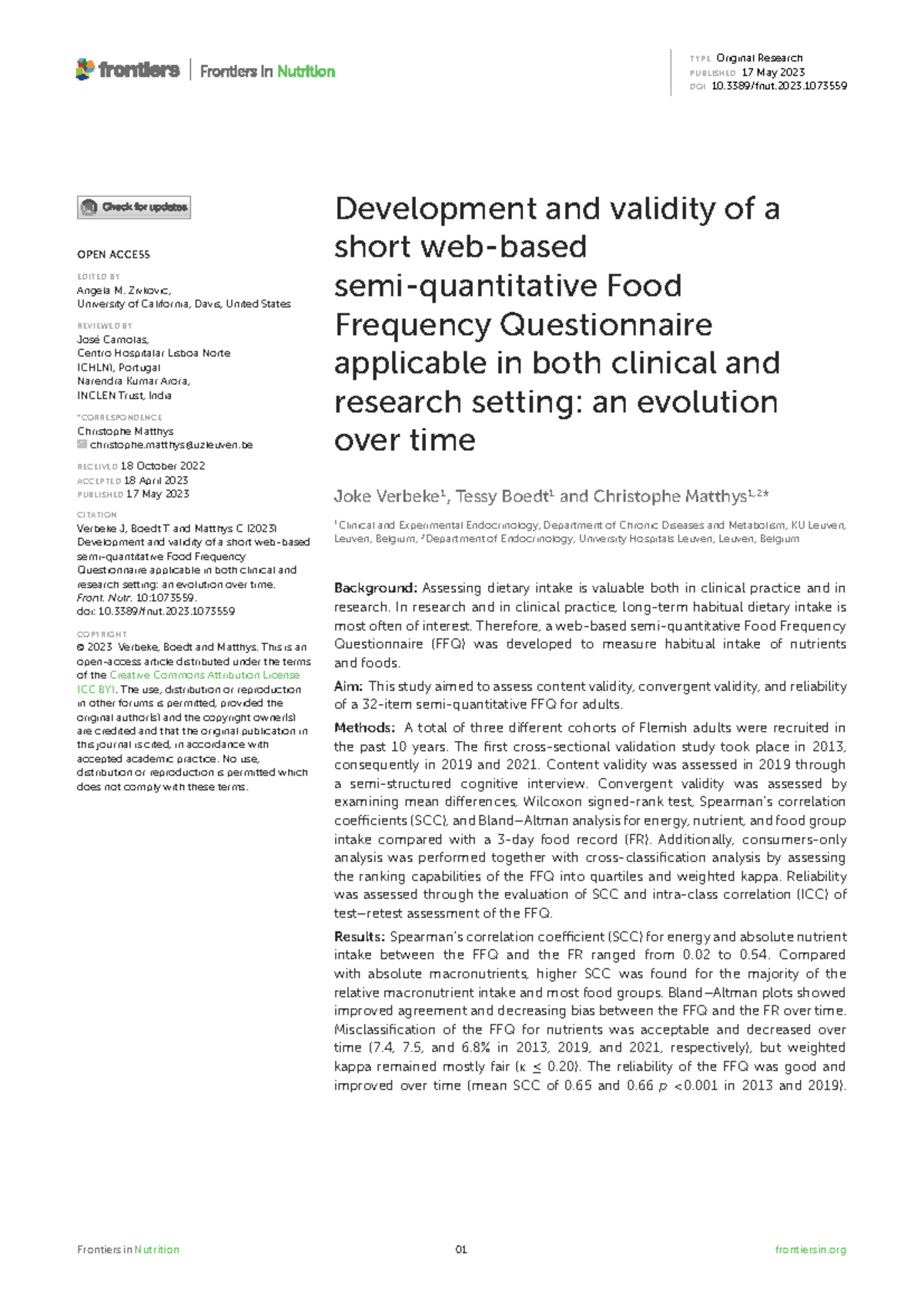 FFQ - Development and Validation of a Short Food Frequency ...
