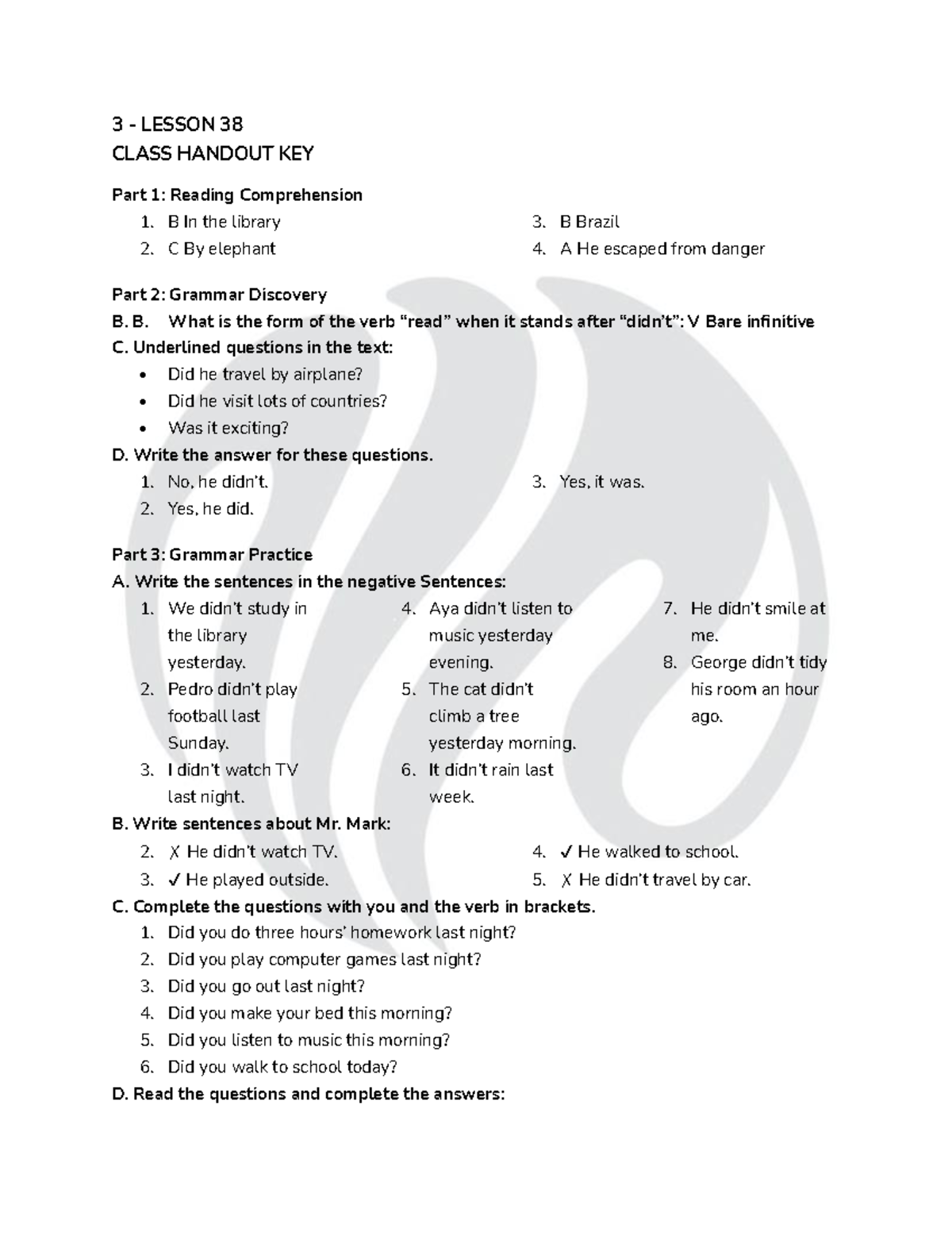 Lesson 38 - Class Handout Key for Reading & Grammar Practice - Studocu