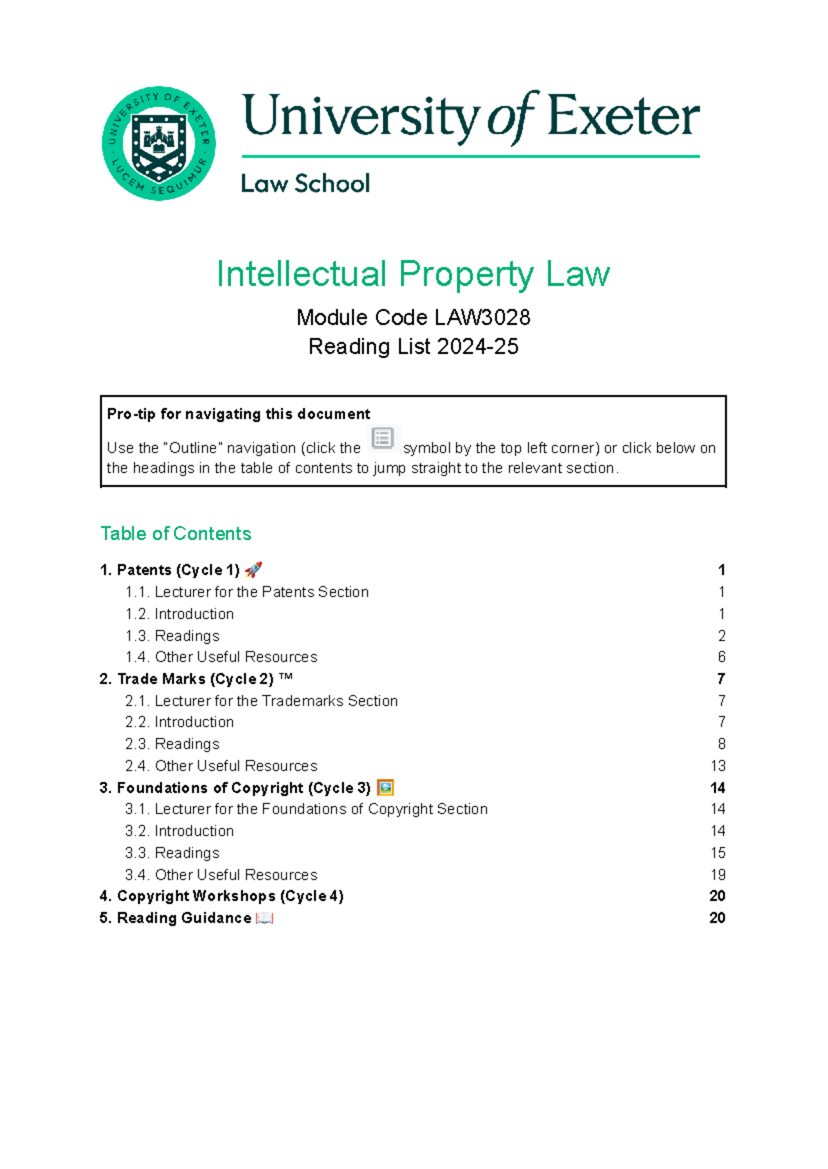 LAW3028 Intellectual Property Law Reading List for 2024-25 Academic ...
