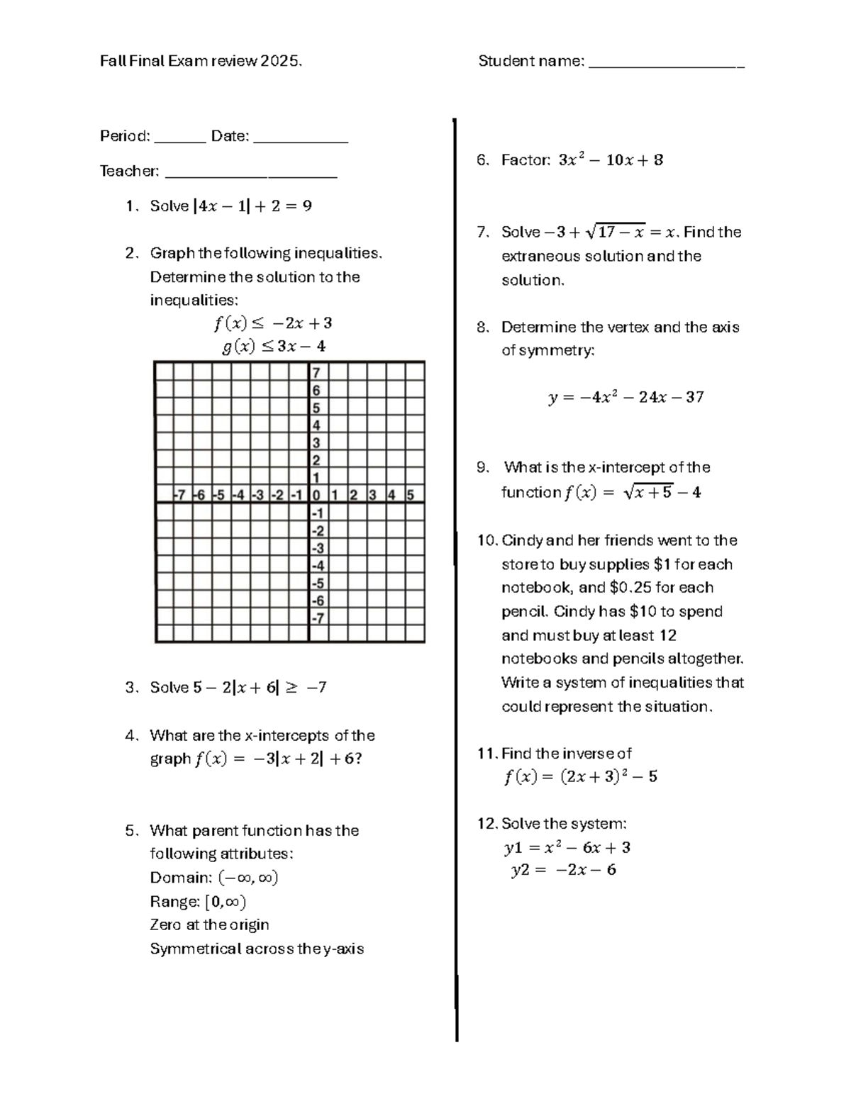 Alg2-Final Exam Review - Fall 2025 - Studocu