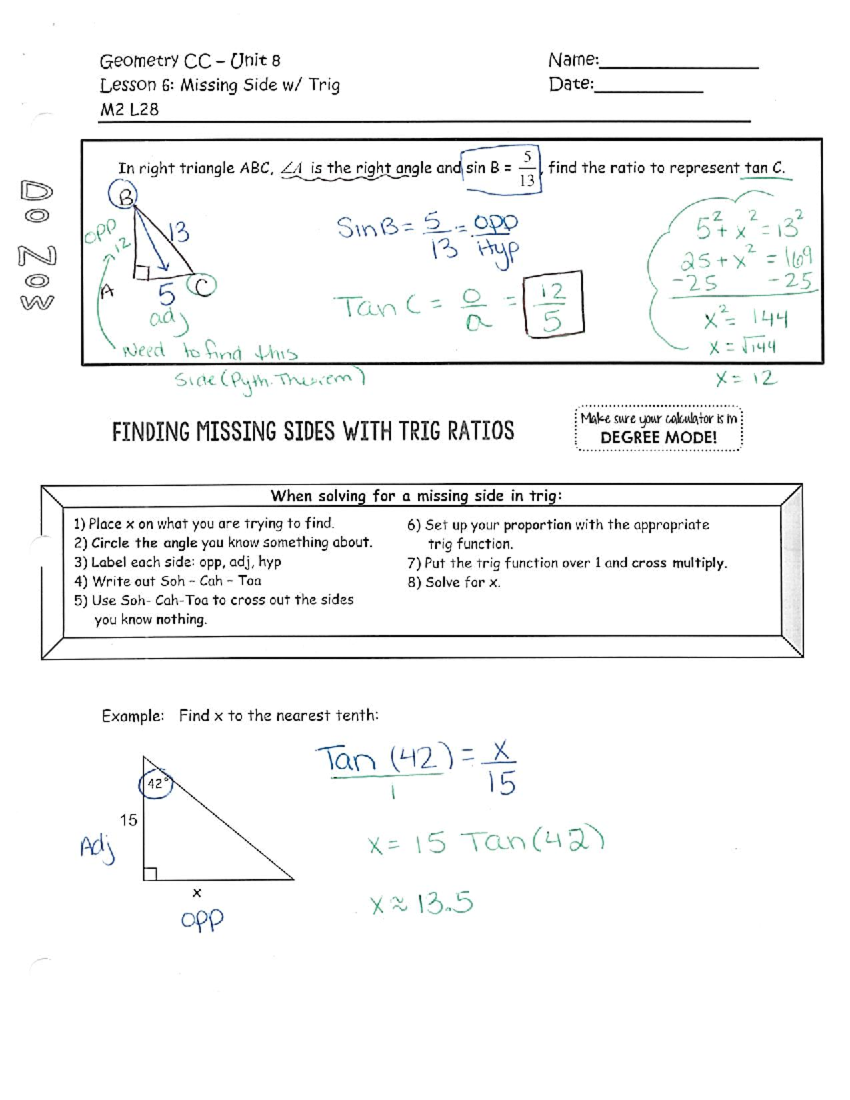 Geometry CC Unit 8: Lesson 6 - Finding Missing Sides with Trig - Studocu