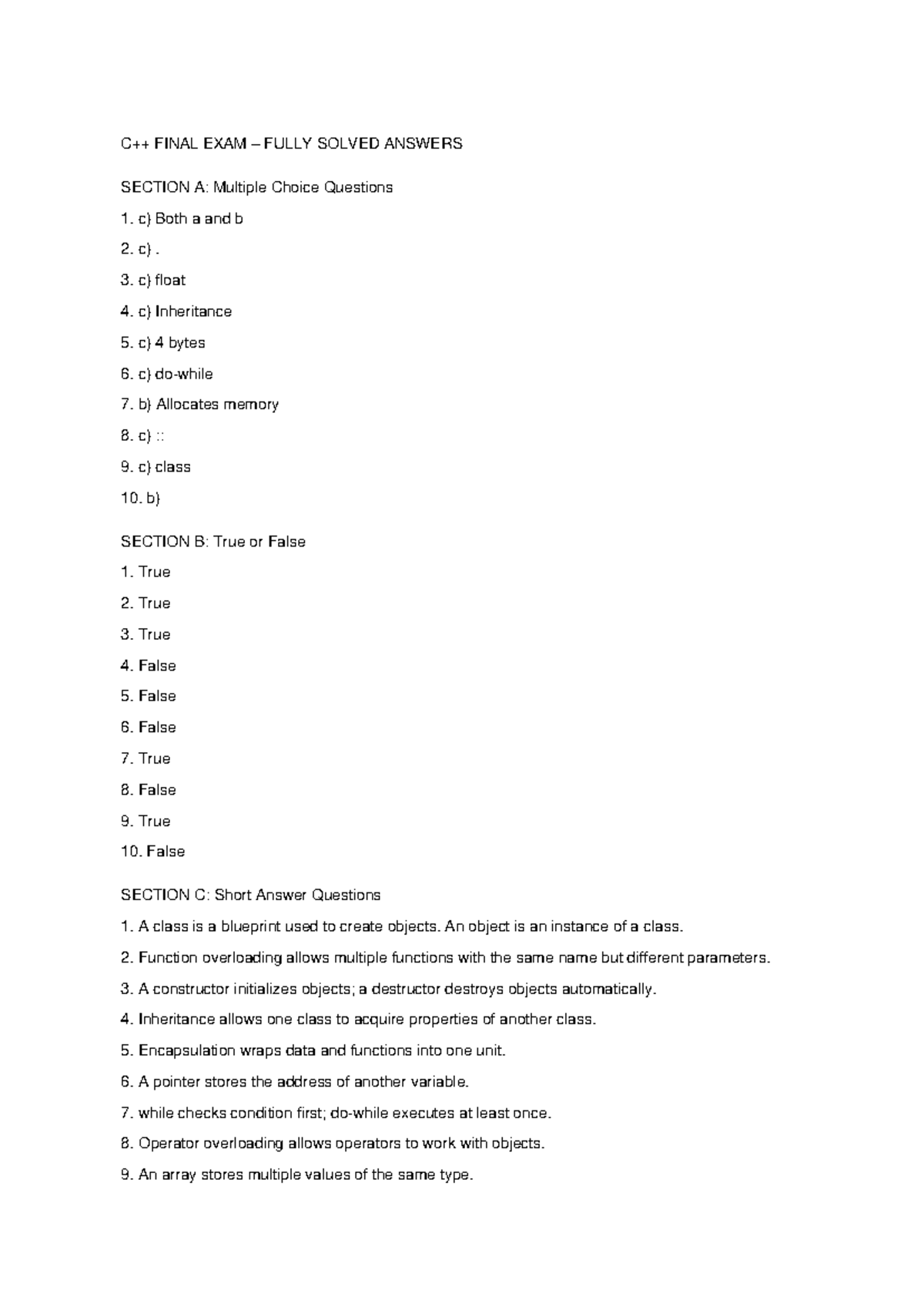 C++ FINAL EXAM FULLY SOLVED ANSWERS: MCQs, T/F, Short Answers - Studocu