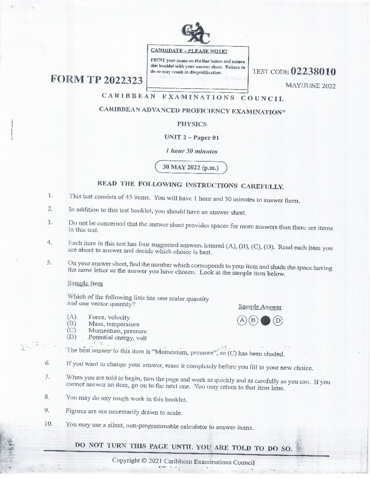 Physics 2022 CAPE Unit 2 - Paper 1 Exam Instructions and Questions ...