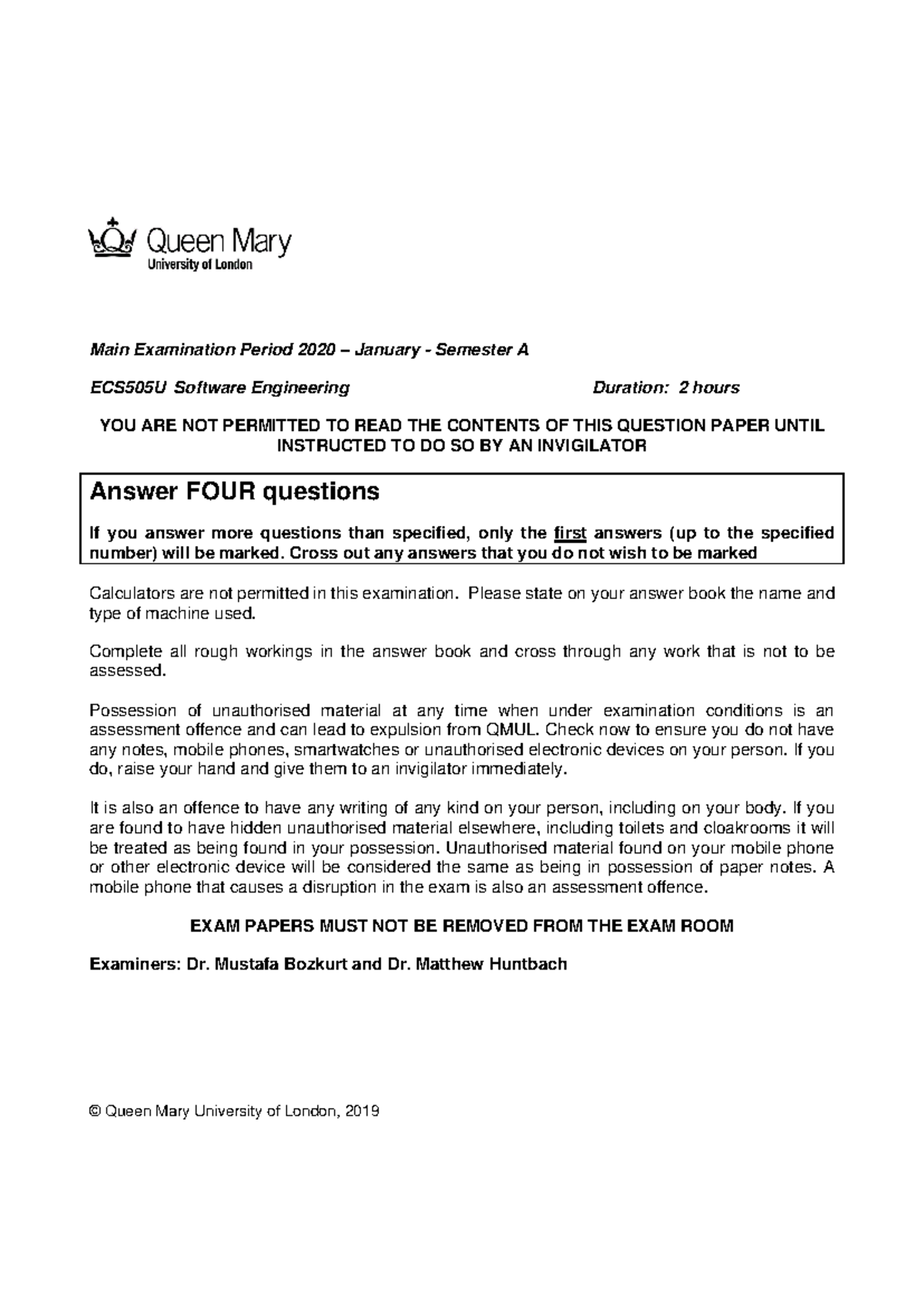 ECS505U Final Exam 2020 - Software Engineering Practice Questions - Studocu