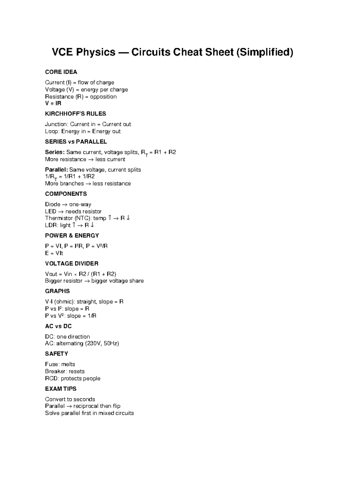 VCE Physics Circuits Cheat Sheet: Key Concepts & Exam Tips - Studocu