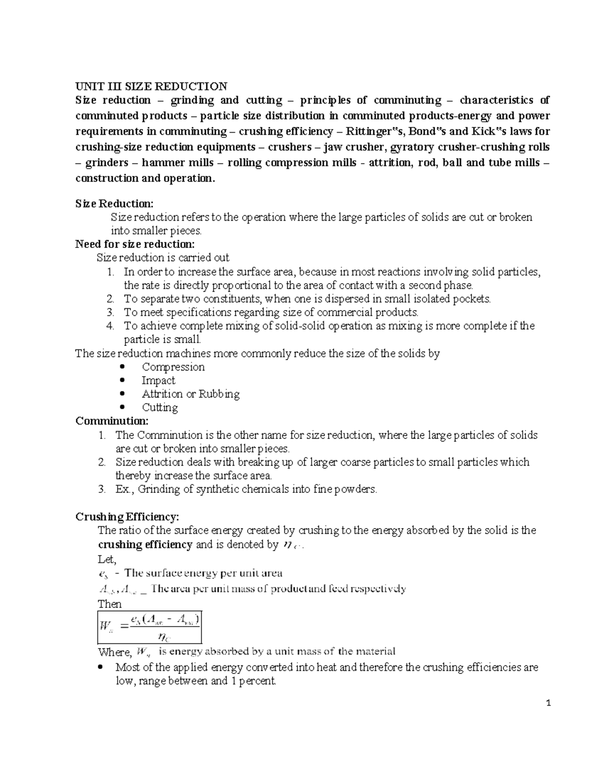 Unit III: Size Reduction Principles and Equipment (ENGR 301) - Studocu