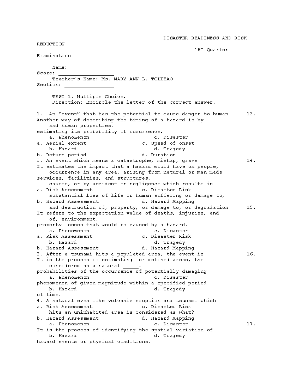 422780971 1st Quarter Exam on Disaster Readiness & Risk Reduction - Studocu