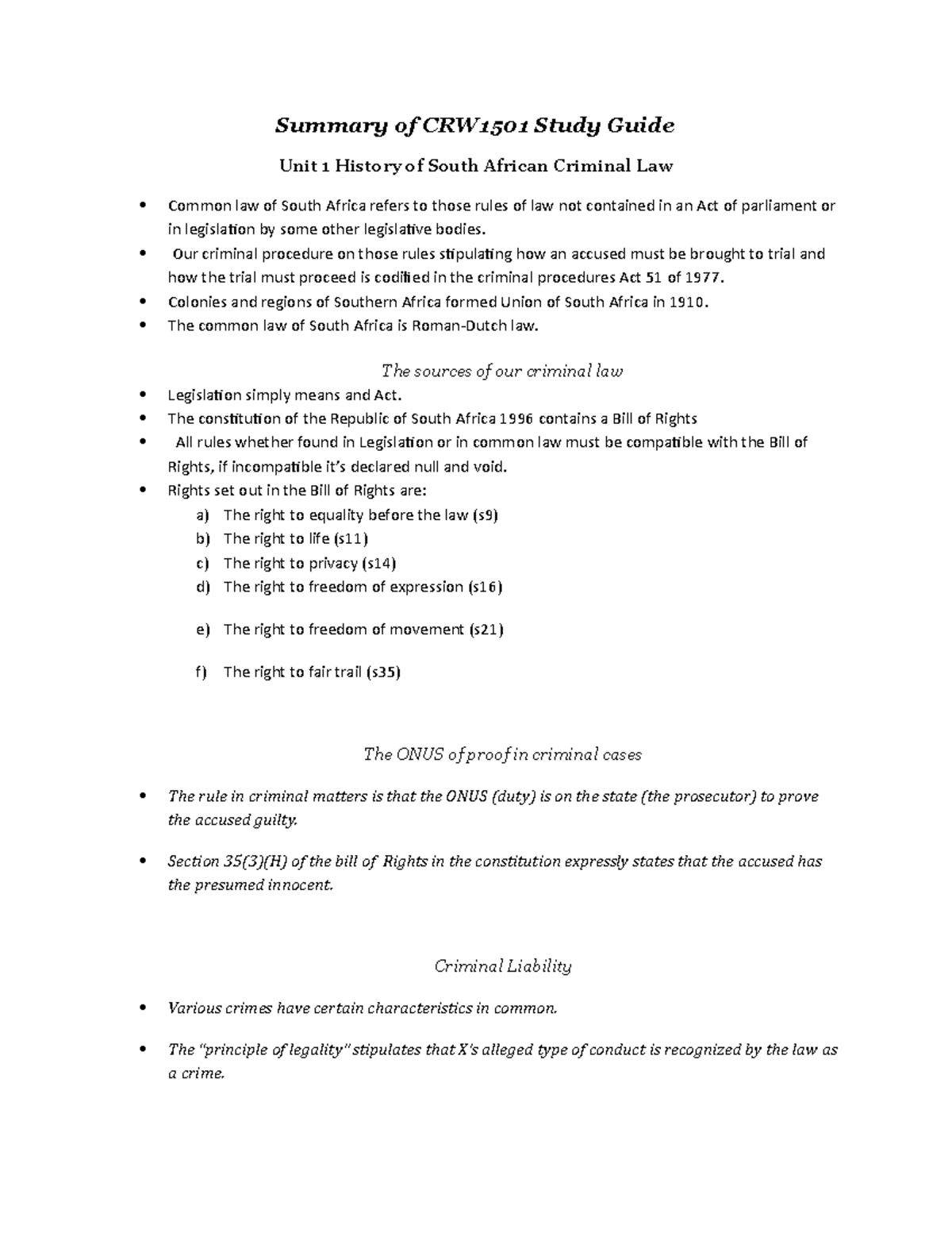 CRW1501 Summary: Key Concepts of South African Criminal Law Guide - Studocu