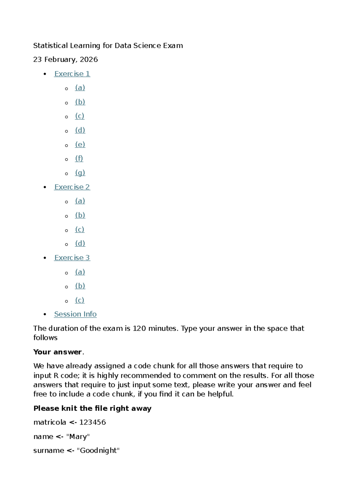 Statistical Learning for Data Science Exam Mock Test (SLDS2526) - Studocu