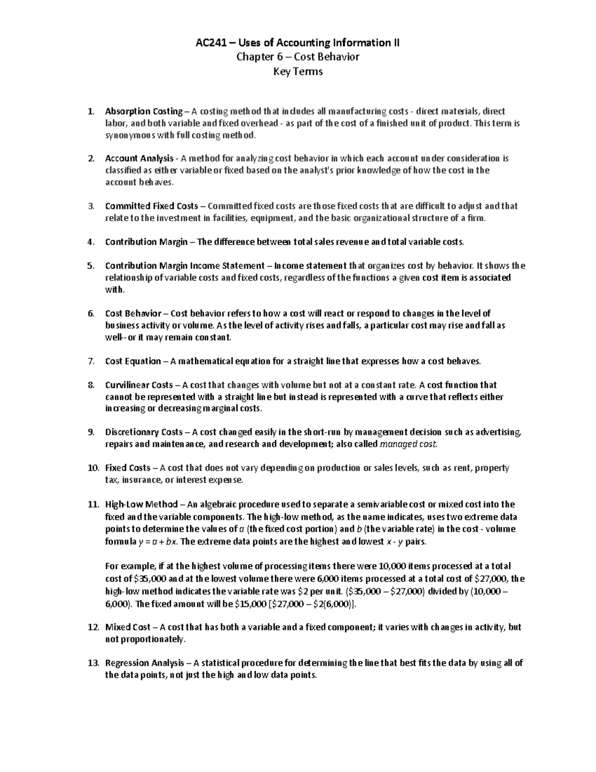 AC241 Chapter 6 Key Terms: Understanding Cost Behavior Concepts - Studocu